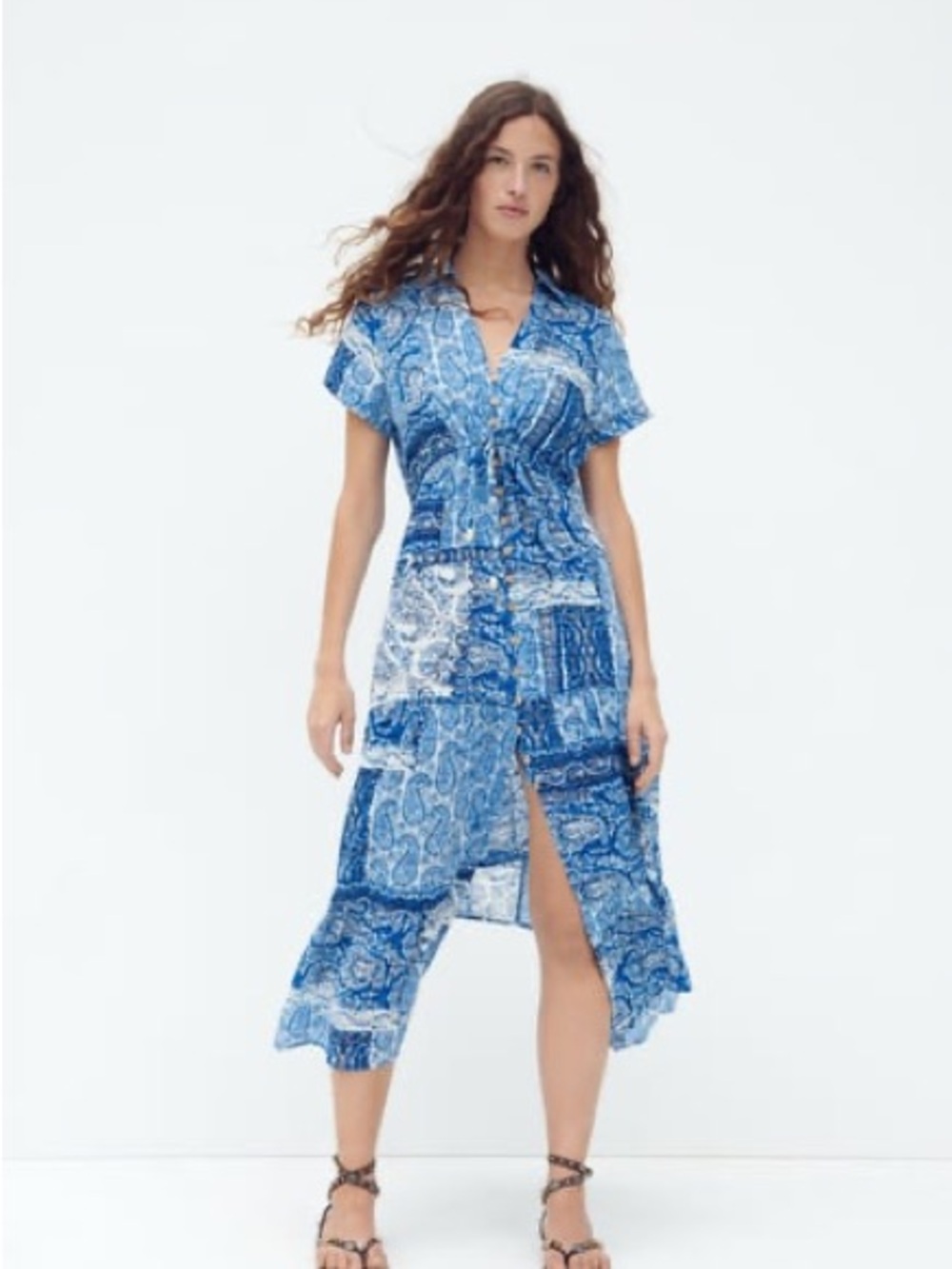 Zara Blue White Paisley Print Button Front Midi Dress 100% Cotton Small